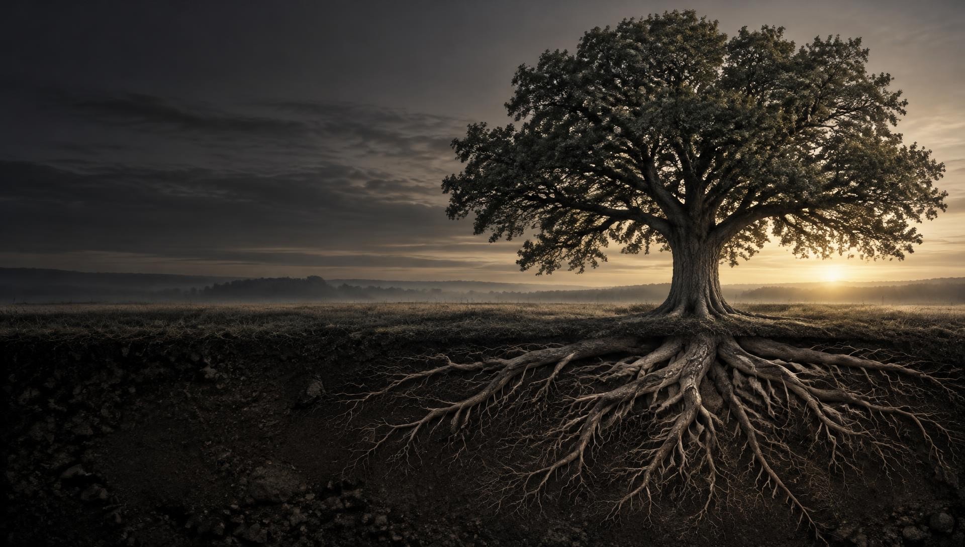 An old oak at sunrise with its roots exposed in the soil beneath it